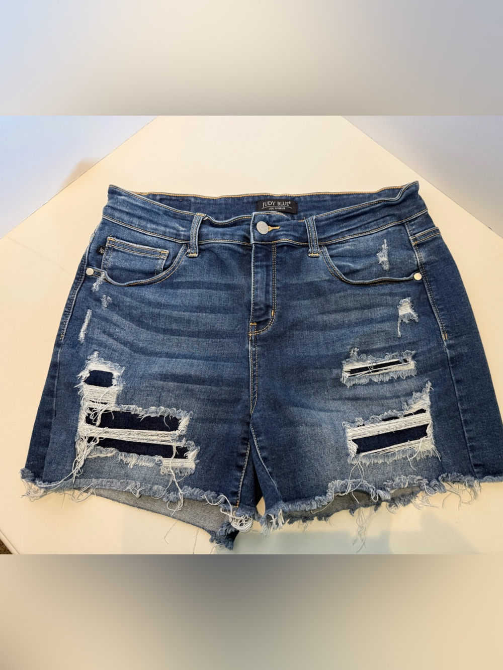 Judy Blue Distressed Mid-Blue Denim Shorts with Frayed Hem
